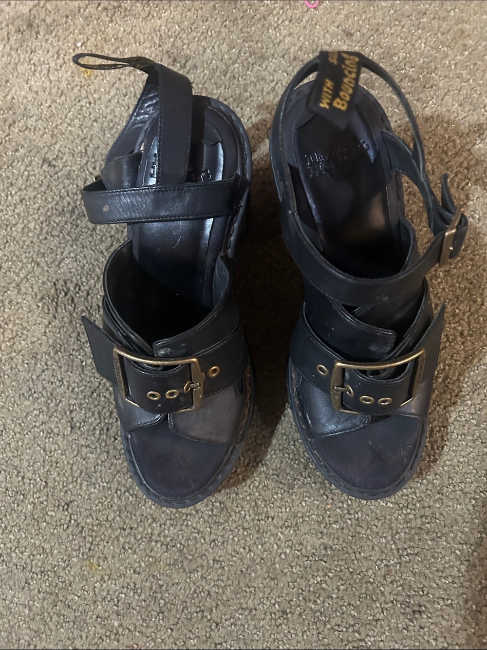 Dr. Martens Black Leather Platform Sandals with Brass Buckles
